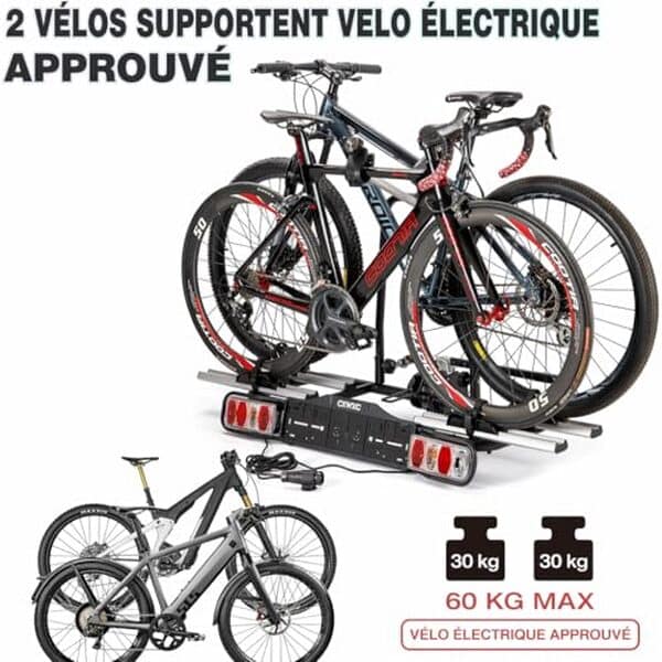 Découvrez notre test du porte-vélo électrique CXWXC pour attelage : capacité 60 kg, feu arrière intégré et performance. Avis et recommandations. 